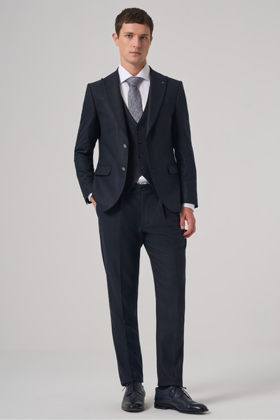 Morven Men's Navy Blue Polyviscon Trend Striped Slim Fit Pointed Collar Vest Set Suit