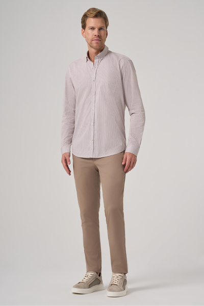 Morven Men's Beige Cotton Trend Striped Dynamic Fit Buttoned Collar Shirt