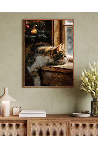 woodhomeworks Tek Parça Salon Ofis Dekor Tablo yorgun kedi ve noel vrynt