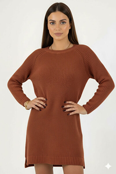 Millionaire Women's Brick Brown Crew Neck Long Tunic Dress Thick Knit Italiansleeve Y Slit Knitwear Sweater