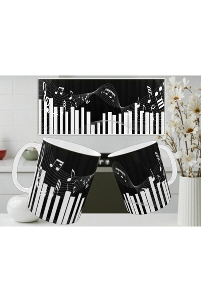 ALPŞAN TİCARET Piano Printed Mug Cup Gift for Music Teacher Mug Cup Sheet Music and Piano Mug Cup
