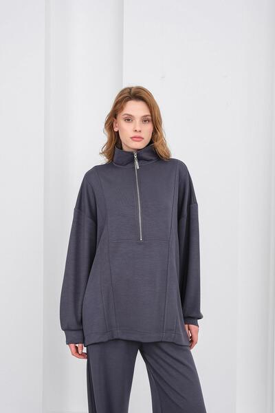 Basicpark Füme Kadın Premium Modal Kumaş Yarım Fermuarlı Oversize Alt-Üst Takım