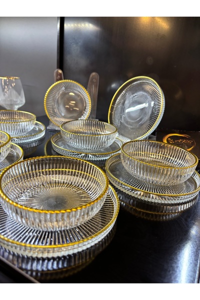 ARS HOME DEKOR Yaldızlı 6 Kişilik 12 parça Çerez Takımı, Kase Tabak Çerez seti, Çizgili kase Tabak, Servislik