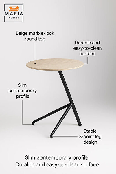 MARIA HOMES Modern Beige Marble Side Table 50×39×65 cm – Stylish Metal Frame Accent Table