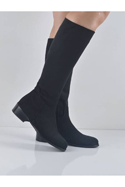 Şanslı Ayakkabıcılık Siyah Süet Düz Topuklu Uzun Çizme