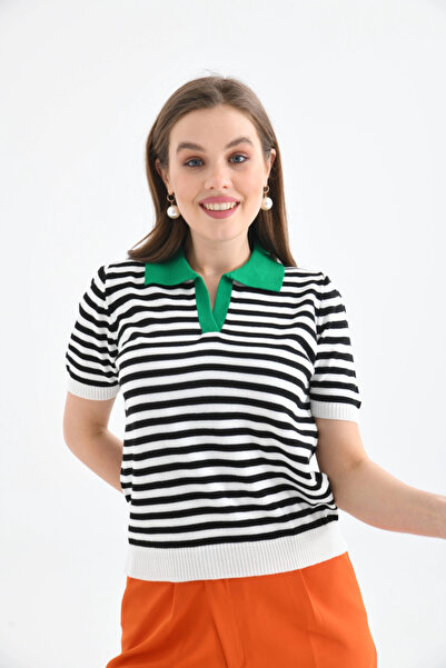 Park Karon    Women's Polo Neck Striped Knitwear Sweater