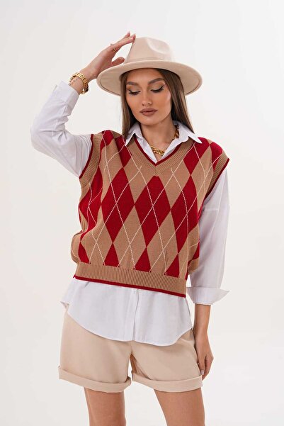 Laressi V-Neck Diamond Patterned Knitwear Sweater