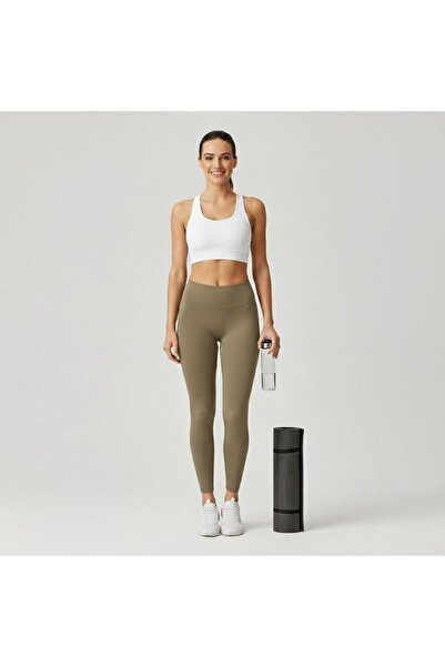 Sortie Kadın Yanı Dikişsiz Yüksek Bel Haki Renk Basic Tayt