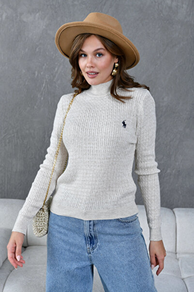 Park Karon Women's Mock Neck Hair Braid Embroidery Detailed Knitwear Sweater