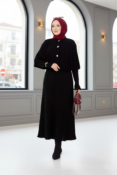 FERHEL Buttoned Cape & Knitwear Dress Hijab Two-Piece Set