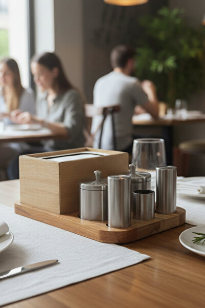 FİTHOME Full Set Solid Wood Hotel Restaurant Cafe Diner Seasoning Jar Salt Shaker Tableware Set Stainless Steel