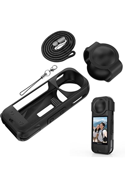 eWINNER Silicone Case for Insta360 X5 with Lens Cap, Strap & Lanyard (Black)