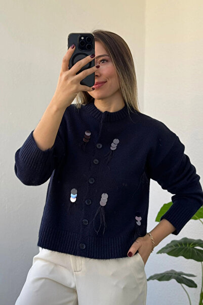 Kubos Moda Crew Neck Sequin Pattern Navy Blue Cardigan