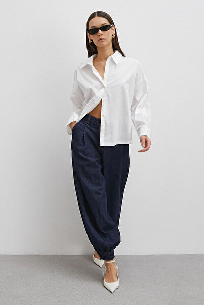 Never more Buttoned Cuffs High Waist Mom Jean Navy Blue