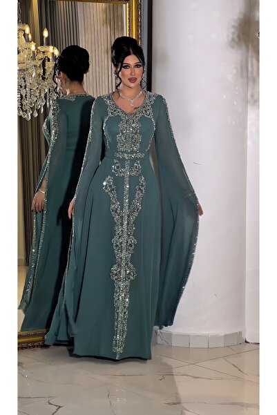 NHMODA فستان سهرة بقصة A مع أكمام كيب مطرزة وياقة على شكل V