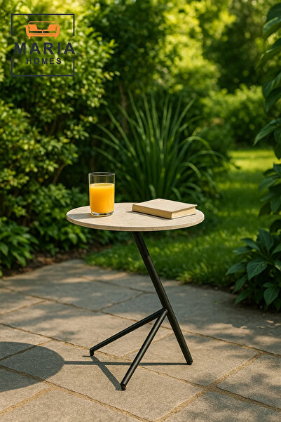 MARIA HOMES Modern Beige Marble Side Table 50×39×65 cm – Stylish Metal Frame Accent Table