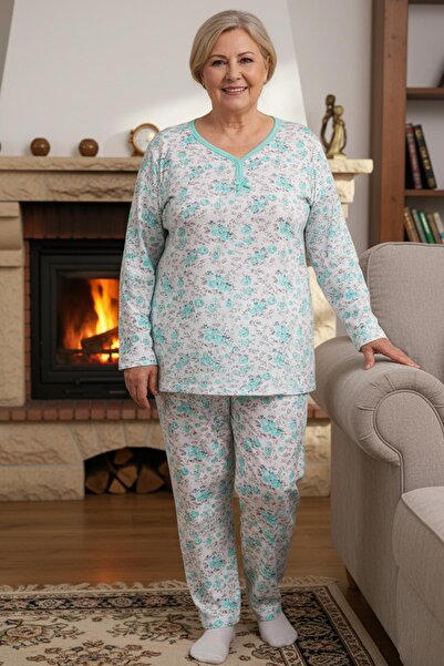 Niket Life Women's Patterned Piping Collar Long Sleeve Long Length Combed Cotton Mother Pajama Set