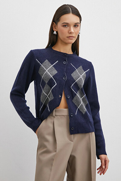 Never more Buttoned Diamond Pattern Cardigan Navy Blue
