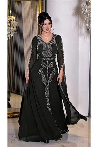 NHMODA V-Neck Embroidered Cape Sleeve A-Line Evening Dress