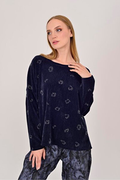 Park Moda 25584 Stone Embroidered Taupe Velvet Blouse