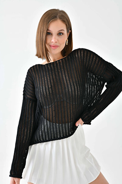 Park Karon Women's Wide Collar Knit Detail Oversized Knitwear Sweater