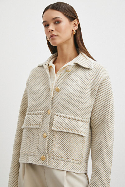 Never more Polo Collar Pocketed Gold Buttoned Jacket Cream