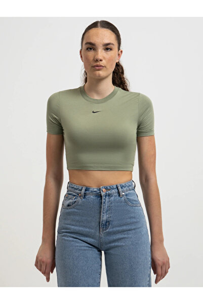 Nike Sportswear Essential Slim-Fit Cropped Short-Sleeve Yeşil Kadın T-shirt
