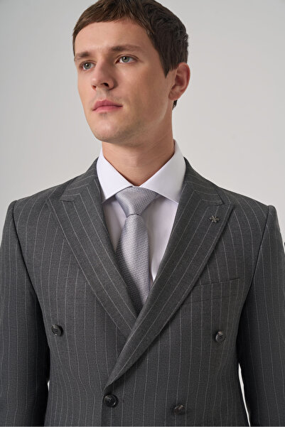 Morven Men's Smoked Polyviscon Trend Striped Slim Fit Double-Breasted Suit