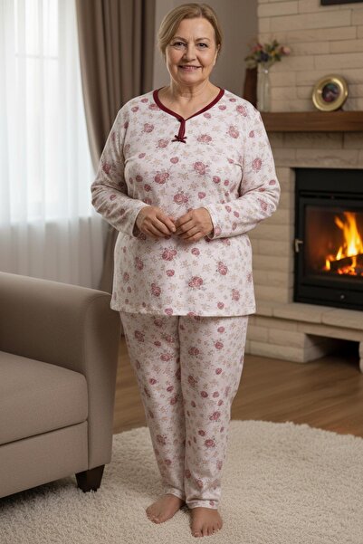 Niket Life Women's Patterned Piping Collar Long Sleeve Long Length Combed Cotton Mother Pajama Set