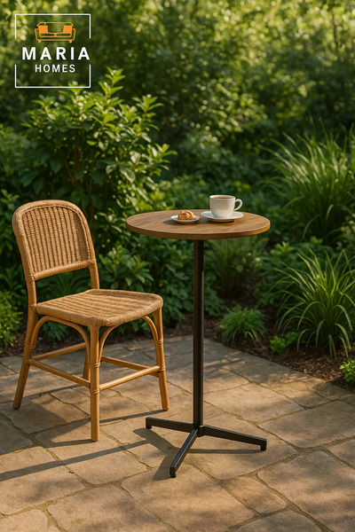 MARIA HOMES Modern Brown Round High Table 60×104 cm – Tall Café Bar Table with Metal Base