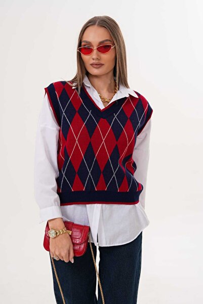 Laressi V-Neck Diamond Patterned Knitwear Sweater