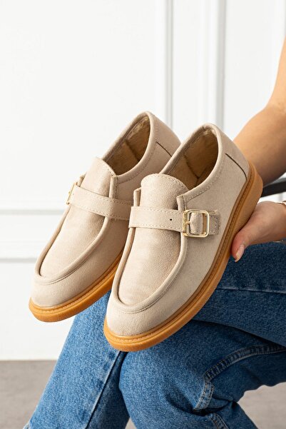 FUGA MODA Loriva Beige Suede Belted Gold Buckle Thick Saddle Detailed Loafer Ballet Casual Shoes
