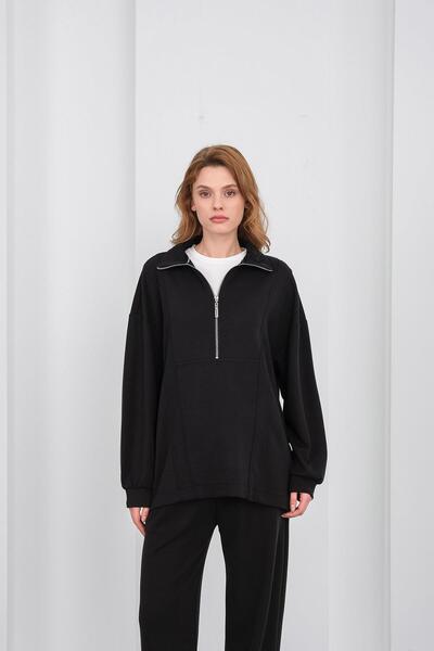 Basicpark Siyah Kadın Premium Modal Kumaş Yarım Fermuarlı Oversize Alt-Üst Takım