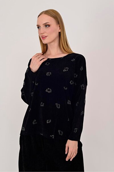 Park Moda 25584 Stone Embroidered Taupe Velvet Blouse