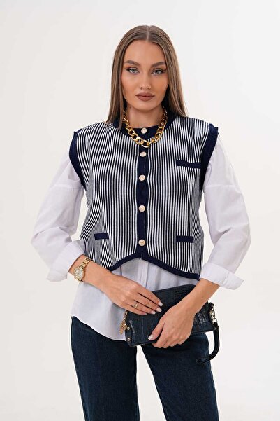 Laressi Crew Neck Buttoned Striped Knit Sweater