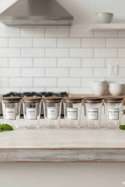 Fhilli Motto Plus - Set of 6 Tulip Tree Vacuum Lid Labeled Glass Storage Containers Spice Jar Set 400 ml