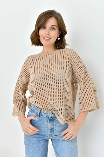 Park Karon سترة تريكو نسائية بتفاصيل محبوكة وياقة قارب قصة فضفاضة