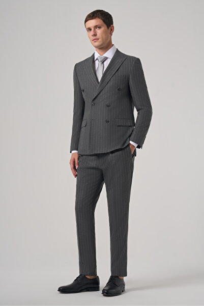 Morven Men's Smoked Polyviscon Trend Striped Slim Fit Double-Breasted Suit