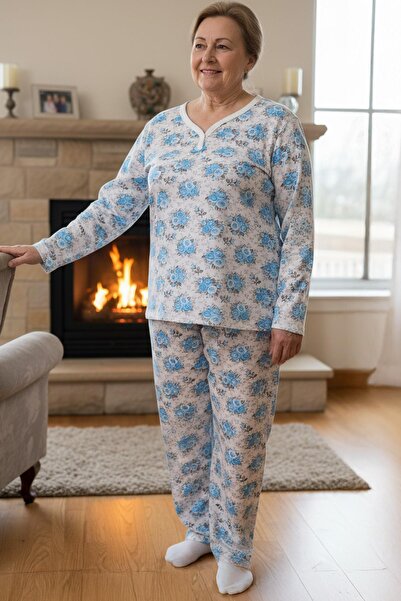 Niket Life Women's Patterned Piping Collar Long Sleeve Long Length Combed Cotton Mother Pajama Set