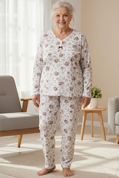 Niket Life Women's Patterned Piping Collar Long Sleeve Long Length Combed Cotton Mother Pajama Set