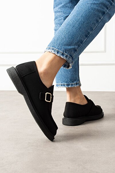 FUGA MODA Loriva Black Suede Belted Gold Buckle Thick Saddle Detailed Loafer Ballet Casual Shoes