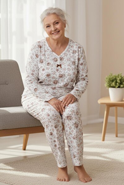 Niket Life Women's Patterned Piping Collar Long Sleeve Long Length Combed Cotton Mother Pajama Set