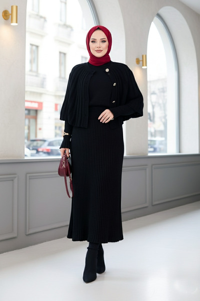FERHEL Buttoned Cape & Knitwear Dress Hijab Two-Piece Set