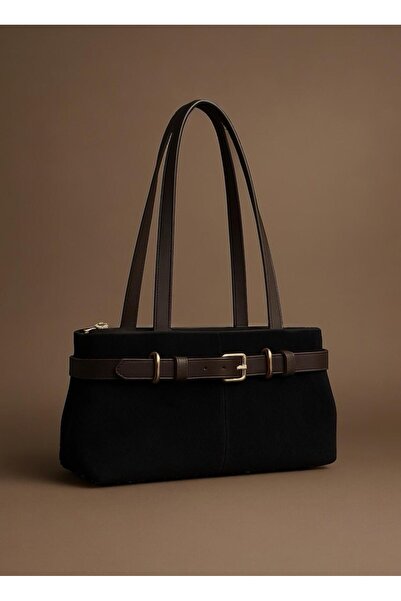 DEMESİ Women's Leather Belt Detailed Black Suede Luxury Shoulder Bag