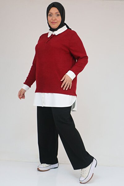 Eslina 58159 Plus Size Jeans Paneled Mir Tunic - Claret Red