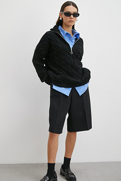 Never more Πουλόβερ με μισό φερμουάρ με πλεκτά μαλλιά μαύρο