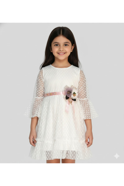 MQ فستان بناتي بكمام طويلة شيفون