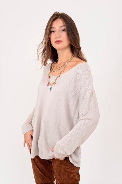 Park Moda 71132 Stone Embroidered V-Neck Thin Knitted Blouse