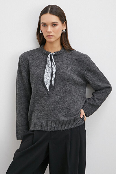 Never more Long Sleeve Sweater with Scarf Gray