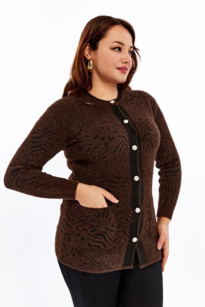 Laden Knitwear Angora Women's Plus Size Winter Thick Soft Mother Brown Cardigan